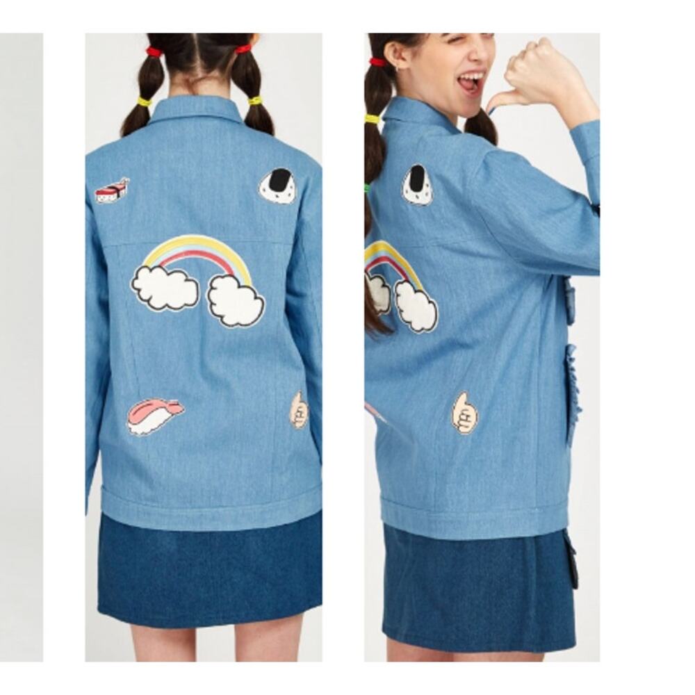 The White Pepper Blue Denim Ruffle Sushi Rainbow Patch Jean Jacket Size Medium